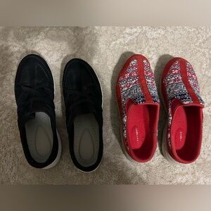 2 pairs of Easy Spirit slip in “mules” size 11 women’s cloth top shoes.